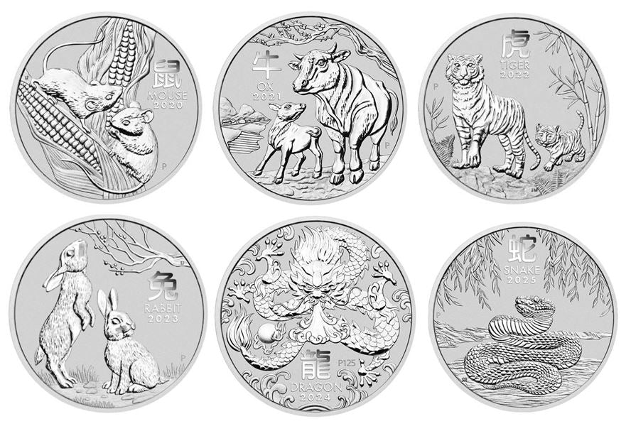 Australien - 6 Stück 1 oz Lunar II 2021 bis 2025