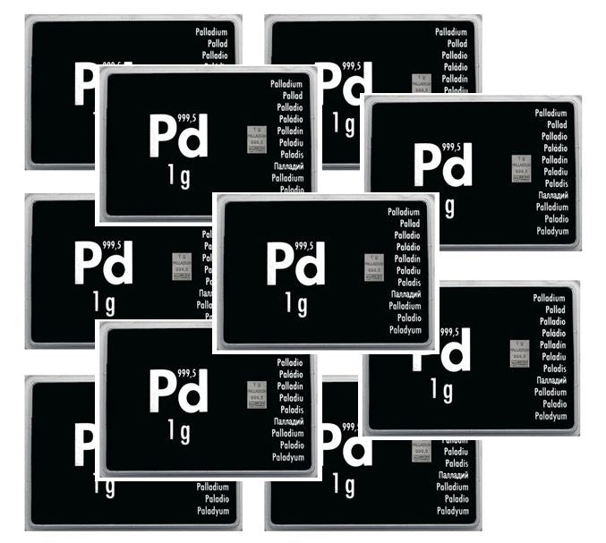 10x 1 Gramm Palladium Barren Argor Heraeus oder Valcambi
