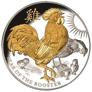 Alt-Text (Bild): Niue 2017 Jahr des Hahns 8 Dollar 5 oz Silber vergoldet Proof